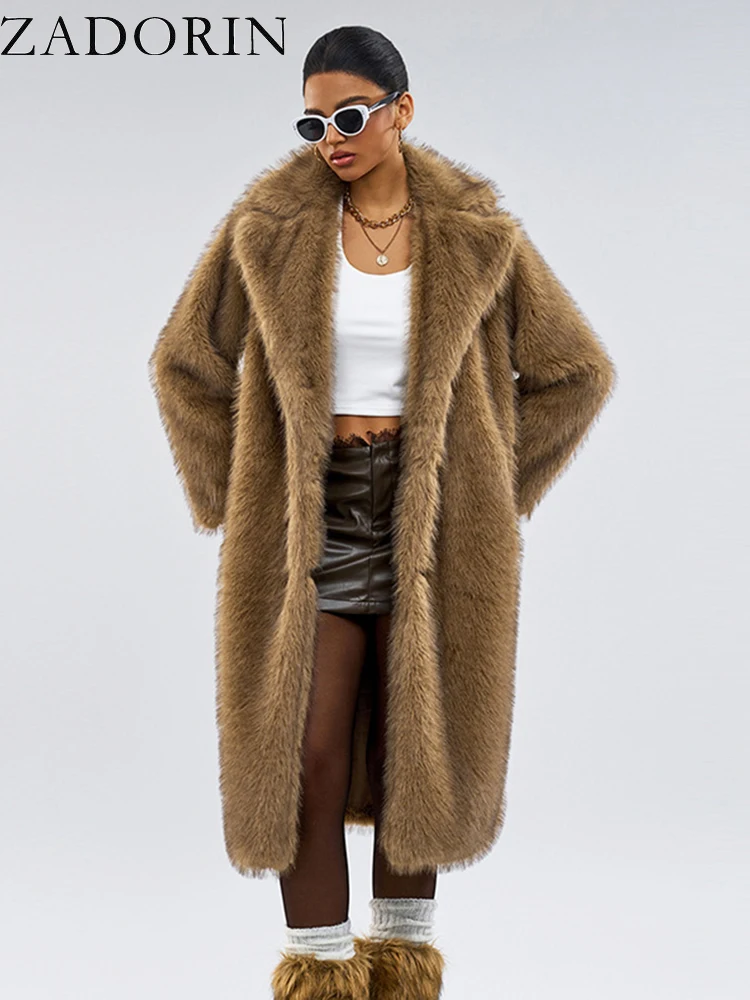 ZADORIN 2025 Luxury Gradient Long Fluffy Faux Fur Coat Woman Lapel