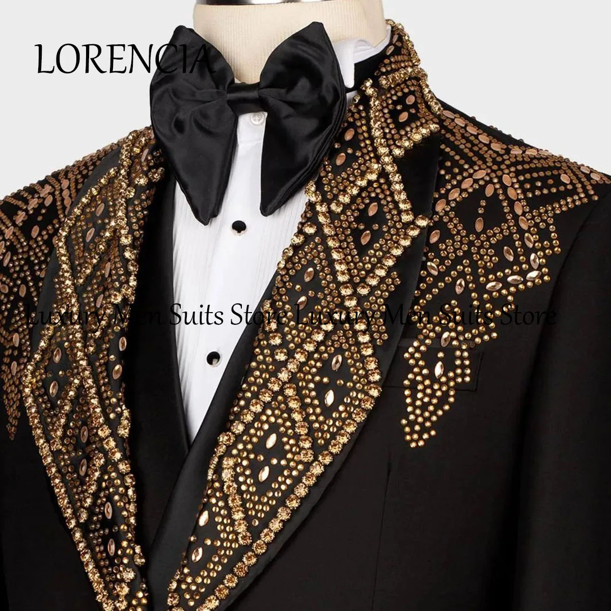 Formal Men Shawl Lapel Gold Rhinestone Embellished Suits Groom Wedding Tuxedos 3 Pieces Male Prom Blazers Costume Homme