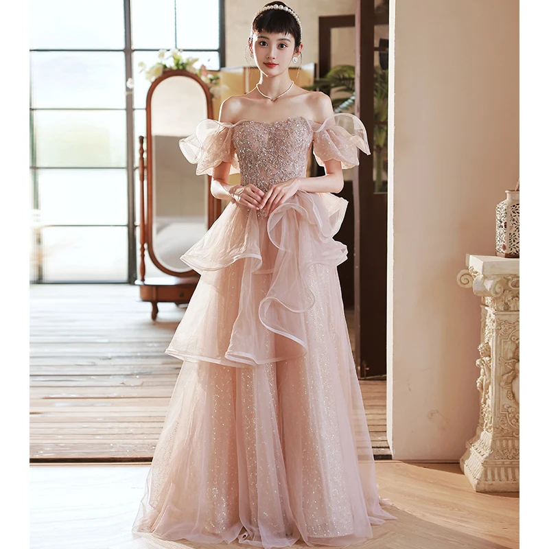 

Fancy Pink Prom Dresses 2023 Elegant Off The Shoulder Floor-Length Tiered Tulle Women Birthday Party Dresses Long