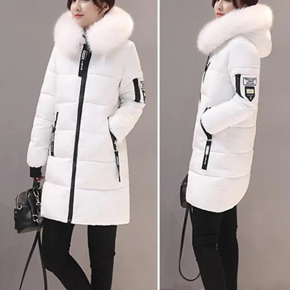 

Хлопковое пальто с воротником из искусственного меха, ветрозащитное зимнее хлопковое пальто с капюшоном, облегающее Женское пальто средней длины на молнии с карманами для холодной погоды