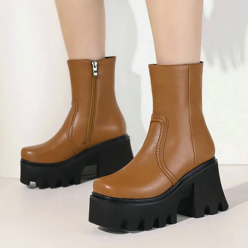 

Black Brown Women Ankle Boots Platform Thick High Heel Ladies Short Boots PU Leather Square Toe Zipper Dress Women's Boots