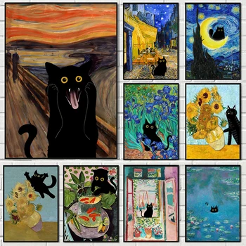 Toile d'art drôle Matisse Monet chat noir Van Gogh tournesols, affiches et imprimés, images murales pour décor de salon 1