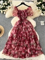 Summer Vintage French Mesh Dress for Women New Waist Cinched Slash Neck Bubble Sleeves Sweet Floral Chiffon Dress Female C146 - Image 6
