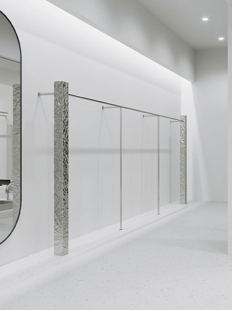 

Clothing Shop Display System Gold Stainless Steel Floor Stand Store Clothes Display Wall Rack Shelves
