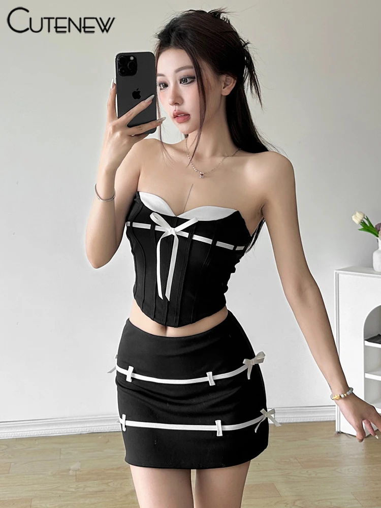Conjunto de 2 piezas con lazos y rayas para mujer, top corto con escote en V y minifaldas de cintura alta, atuendos impresionantes.