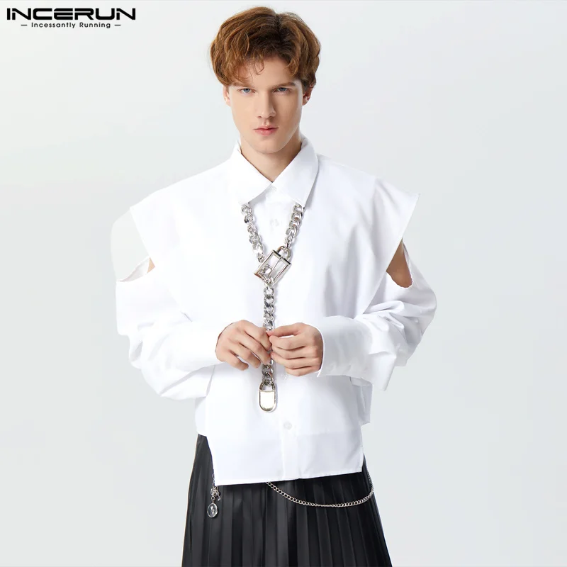

Мужская Асимметричная рубашка INCERUN 2023, однотонная модная мужская одежда с отложным воротником, открытыми плечами и длинным рукавом, уличная одежда, повседневные рубашки