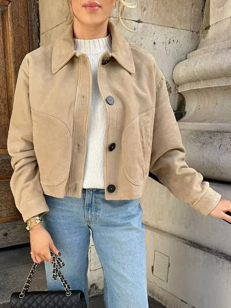 HH Women Casual Solid Short Suede Coats Single Breasted Long Sleeve Lapel Jacket Spring Fashion Female Office Lady Streetwear