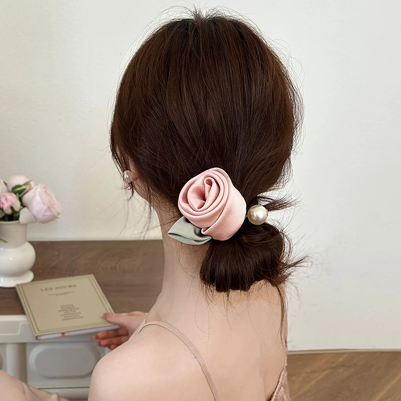 Women Elegant Silk Rose Flower Pearl Elastics Hair Band Beatiful Scrunchies Hair Ties Ladies Ponytail Holder Hair Accessories