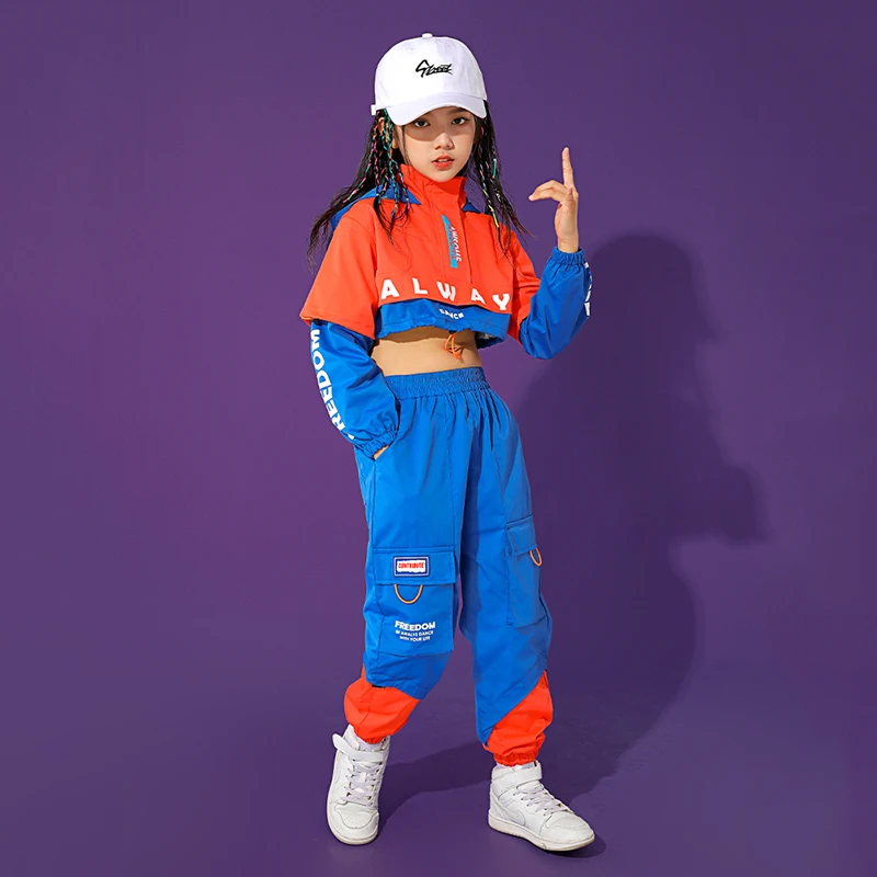 Hip Hop Dance Costume Boys Girls Long Sleeve Hiphop Clothing Hooded Tops Blue Pants Ballroom Jazz Dance Clothes Show Wear BL5187