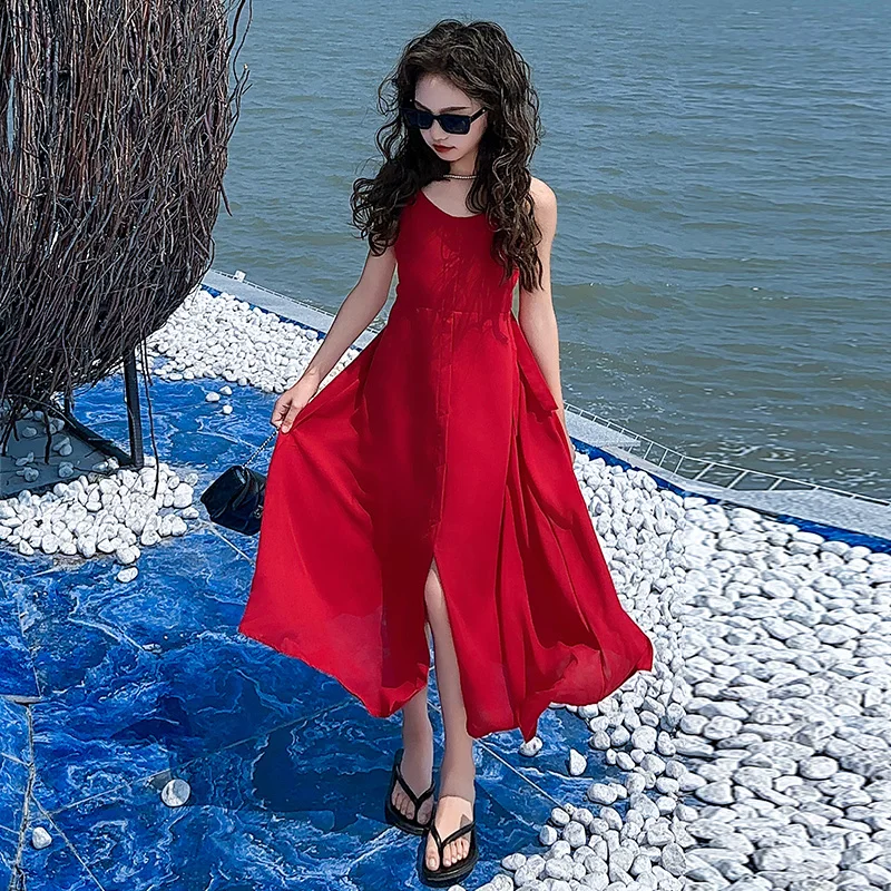 New vacation style junior girls long vest dress teenage kids Red hollow back strap sleeveless formal maxi dresses child clothes - Image 3