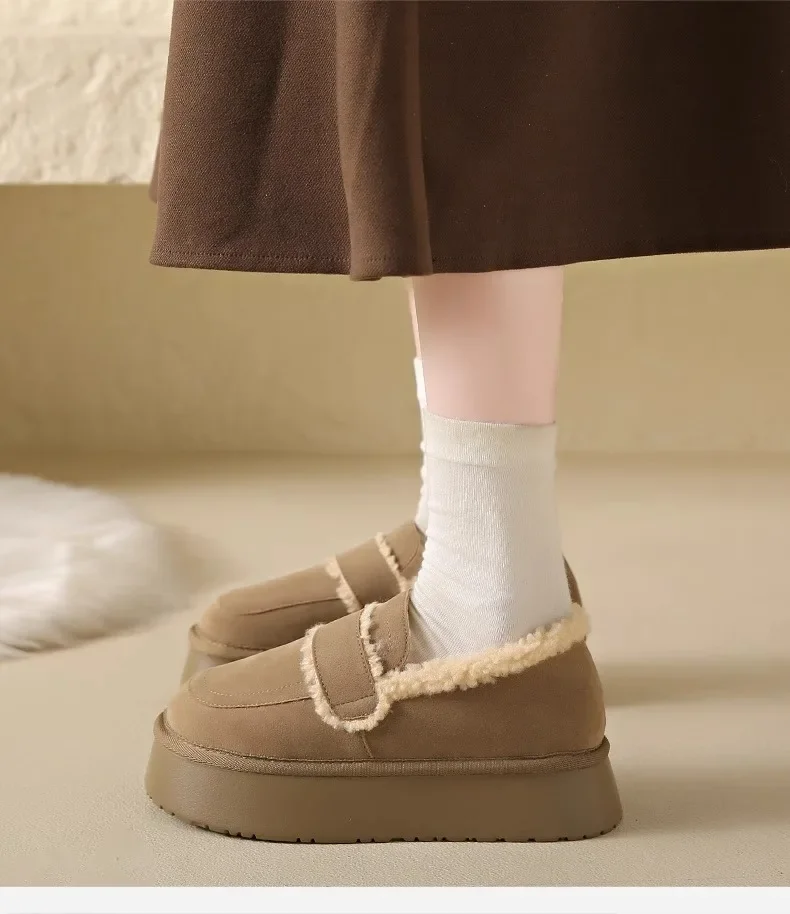 Women's Thick Soled Snow Boots Autumn Winter Plush Boken Shoes Retro Height Increasing Warm Anti Slip Cotton Shoes Loafers