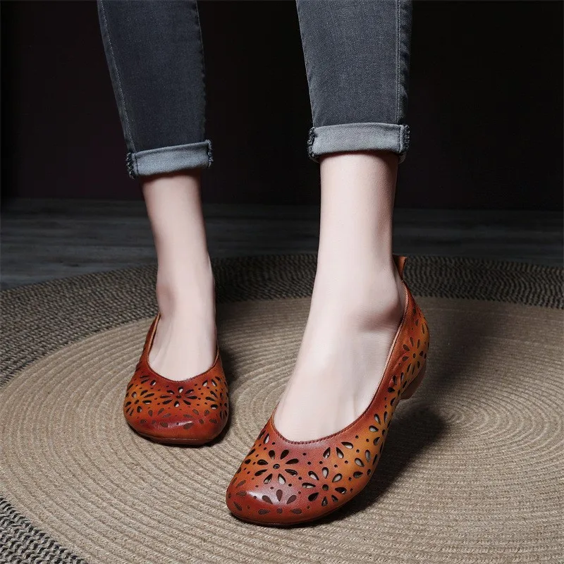 

YourSeason Women Retro Hollowed Out Pumps 2023 Summer New Handmade Comfortable Breathable Ladies Low Heeled Shoes Round Toe