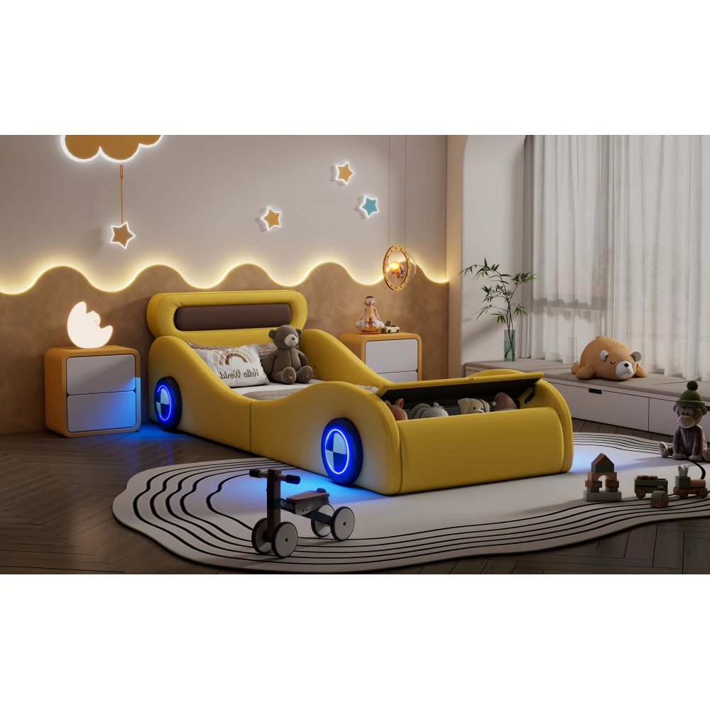 Gelbes PU-Leder-Autobett für Kinder, gepolstert, 90 x 200 cm, mit leuchtenden Rädern, Kinderbett für Jungen und Mädchen, Schlafzimmermöbel – Detail 16