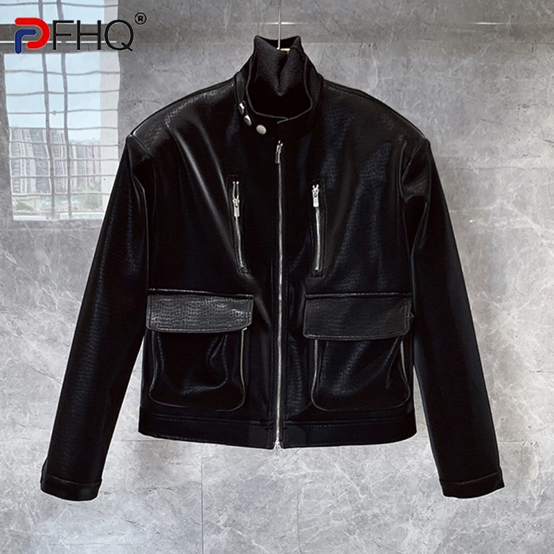 

PFHQ Men's Motorcycle Standing Short PU Jackets Handsome Zippers Tide High Quality Streetwear Baggy Pockets Autumn Coat 21Z2351
