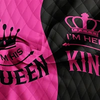 Ensemble de housse de couette imprimée King & Queen pour couple, 3 pièces, design romantique en couronne de cœur, contraste rose noir pour la douceur avec une élégance 4