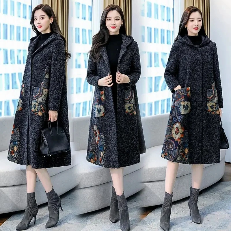 

Woolen Coat Women 2022 Winter New Fashion Loose National Style Thick Woolen Jacket Female Hooded Large Size Long Print Outerwear