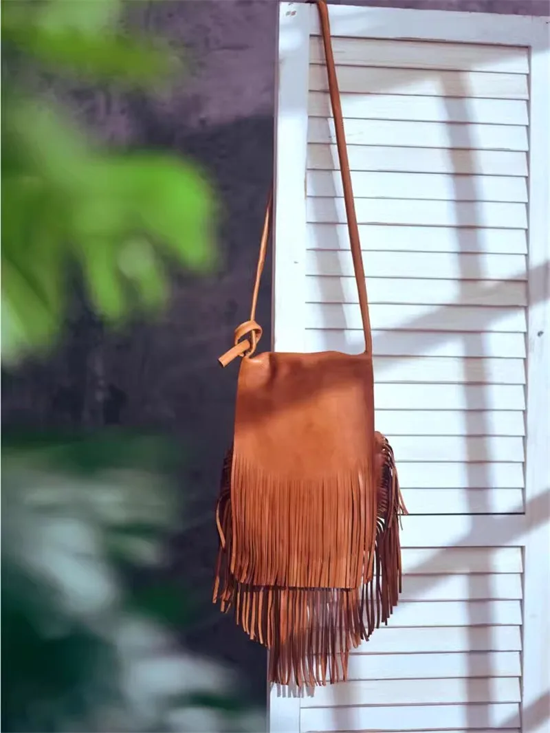 Fashion luxury designer top cowhide ladies tassel bag outdoor work shopping brown genuine leather girl shoulder crossbody bag