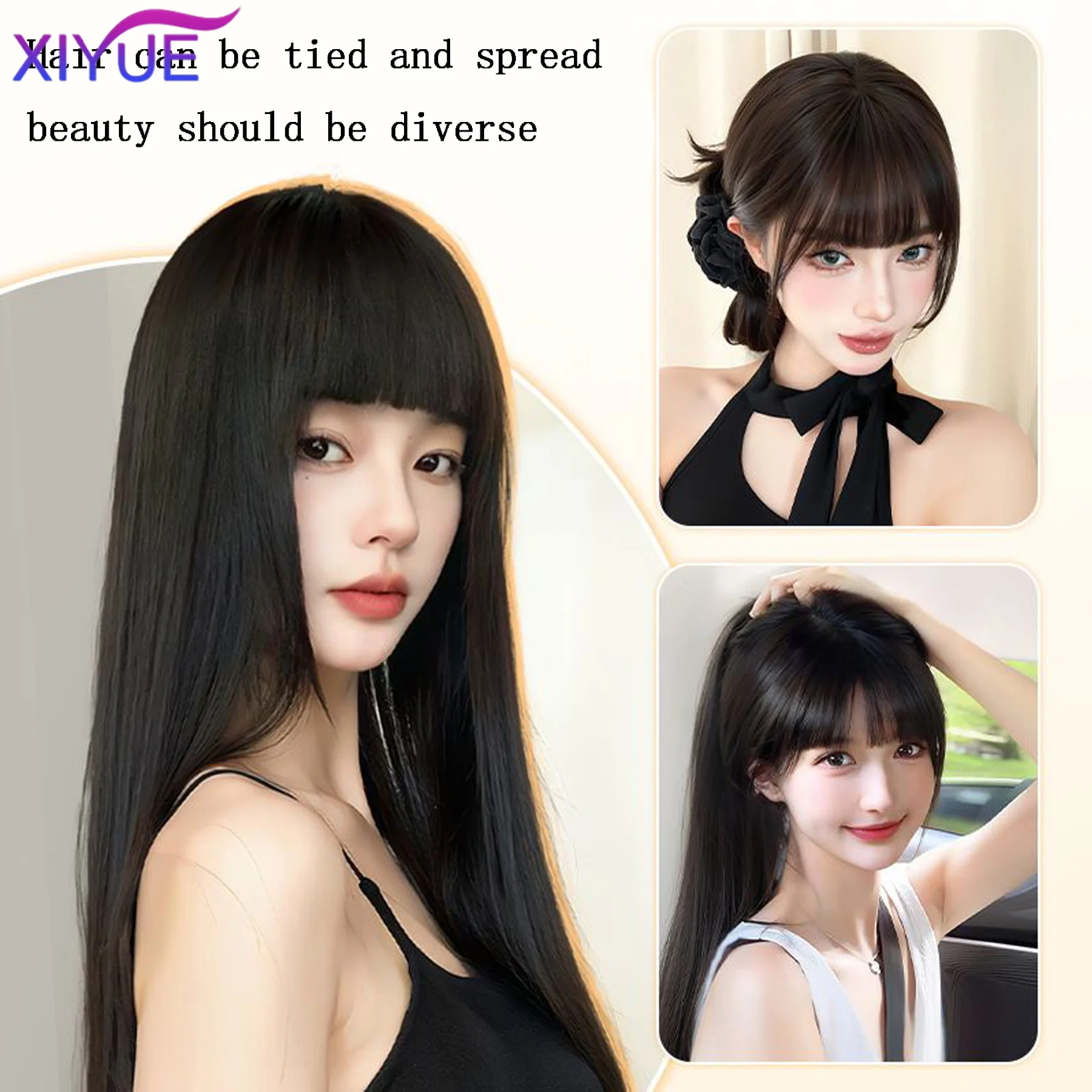 XIYUE Synthetic 60CM Korean Black Long Straight Hair Wig Synthetic Natural Long Straight Hair With Bangs Wig