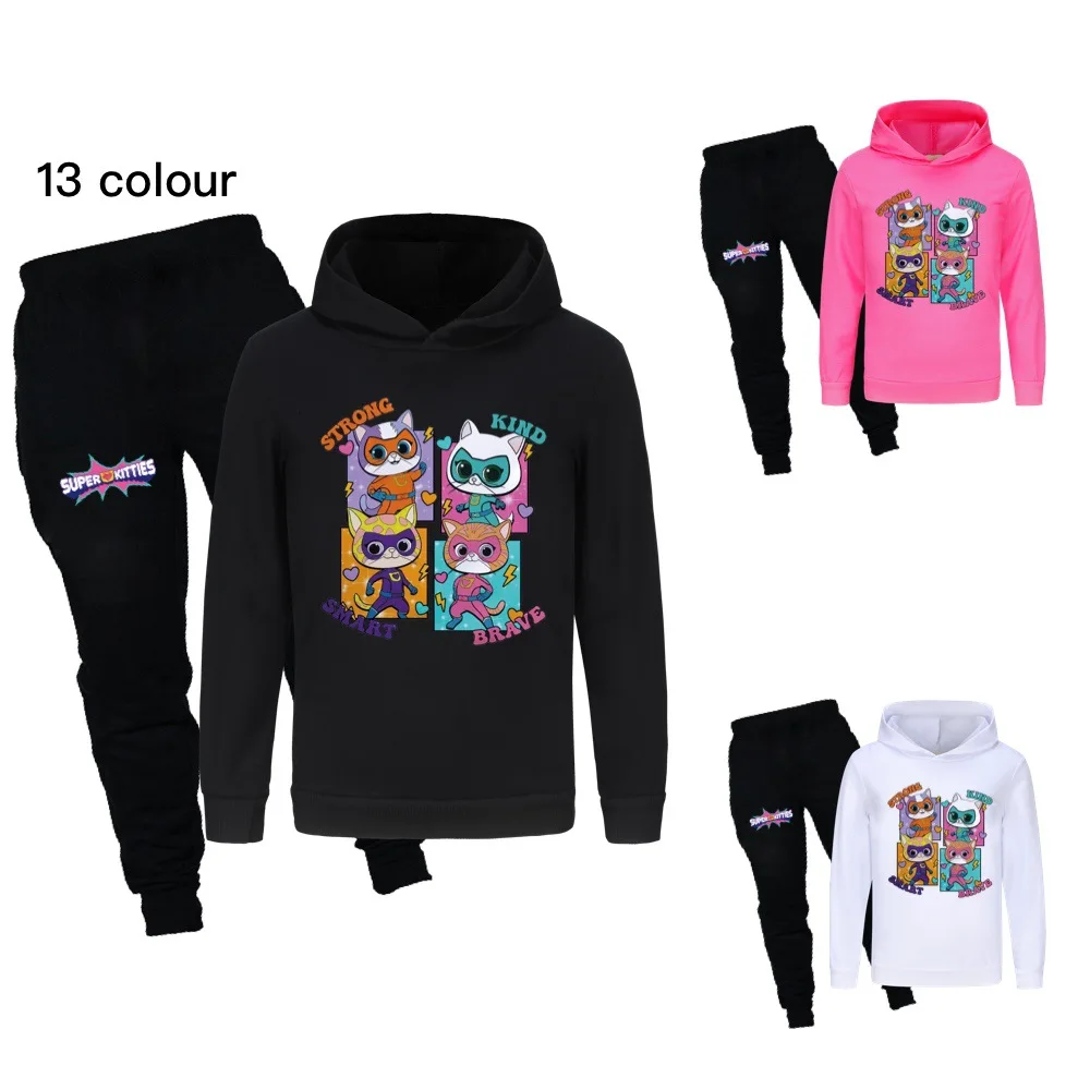 

Super Kitties Hoodie Kids Long Sleeve Hoodies +jogger Pants 2pcs Sets Toddler Girls Super Cats Clothes Teenager Boys Sportsuit