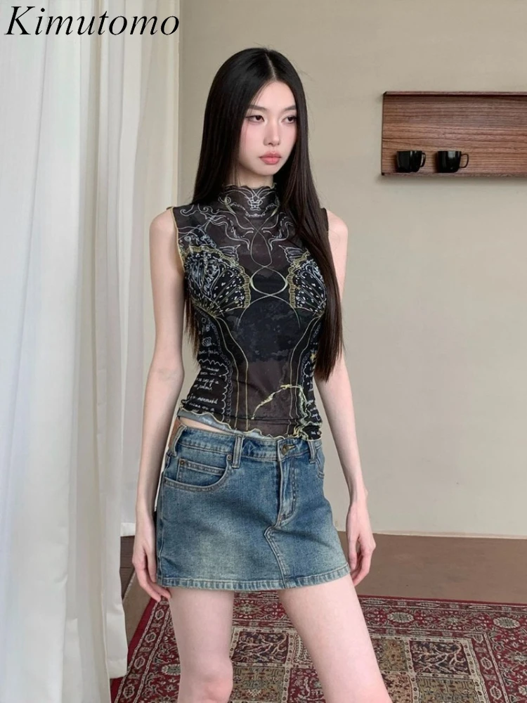 Kimutomo Crop Tank Tops Women Turtleneck Printed Mesh Patchwork Slim Vintage Fashion Y2k Aesthetic Harajuku Camisole Ladies