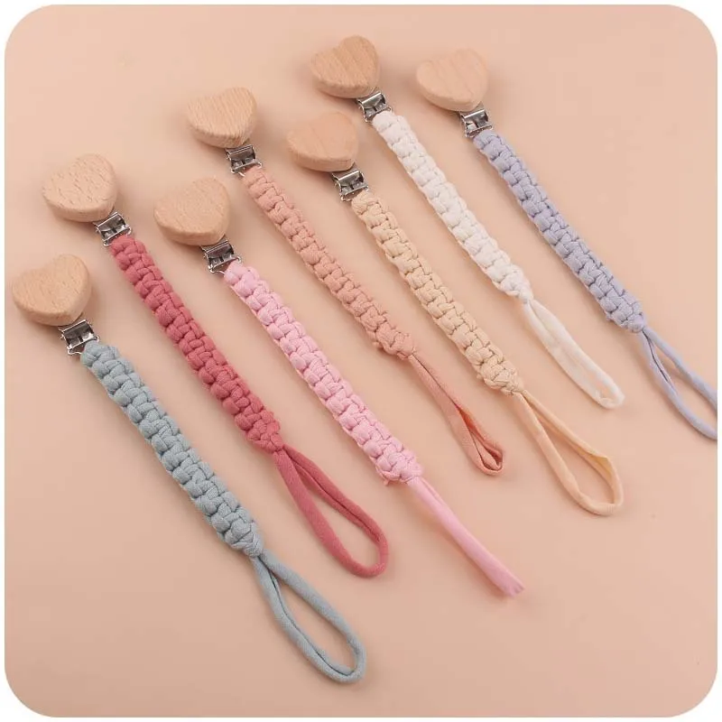 Baby Pacifier Chain Hand Braided Cotton Cloth Handmade Heart Shape Wooden Dummy Pacifier Clips For Nursing Teether Shower Gifts pacifier chain pacifier clip pacifier accessories teether clip