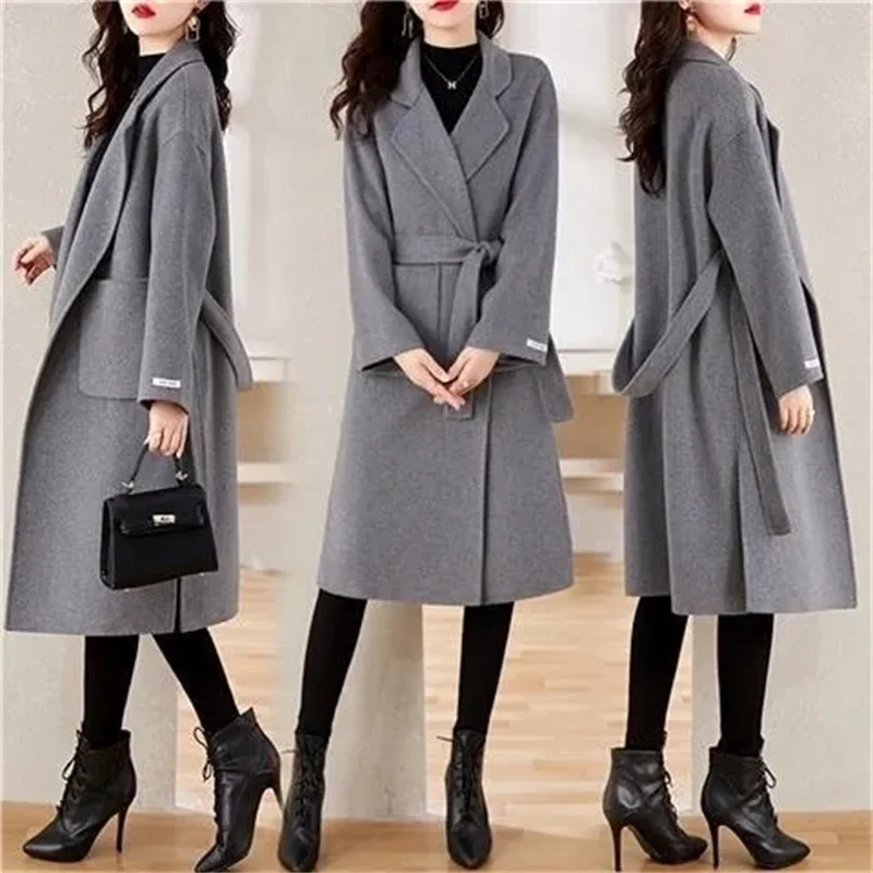 Double Sided Wool Coat Lace-Up Women's Long Korean Loose Vintage Lady Blend Cashmere Jacket 2023 Autumn/Winter New High Quality
