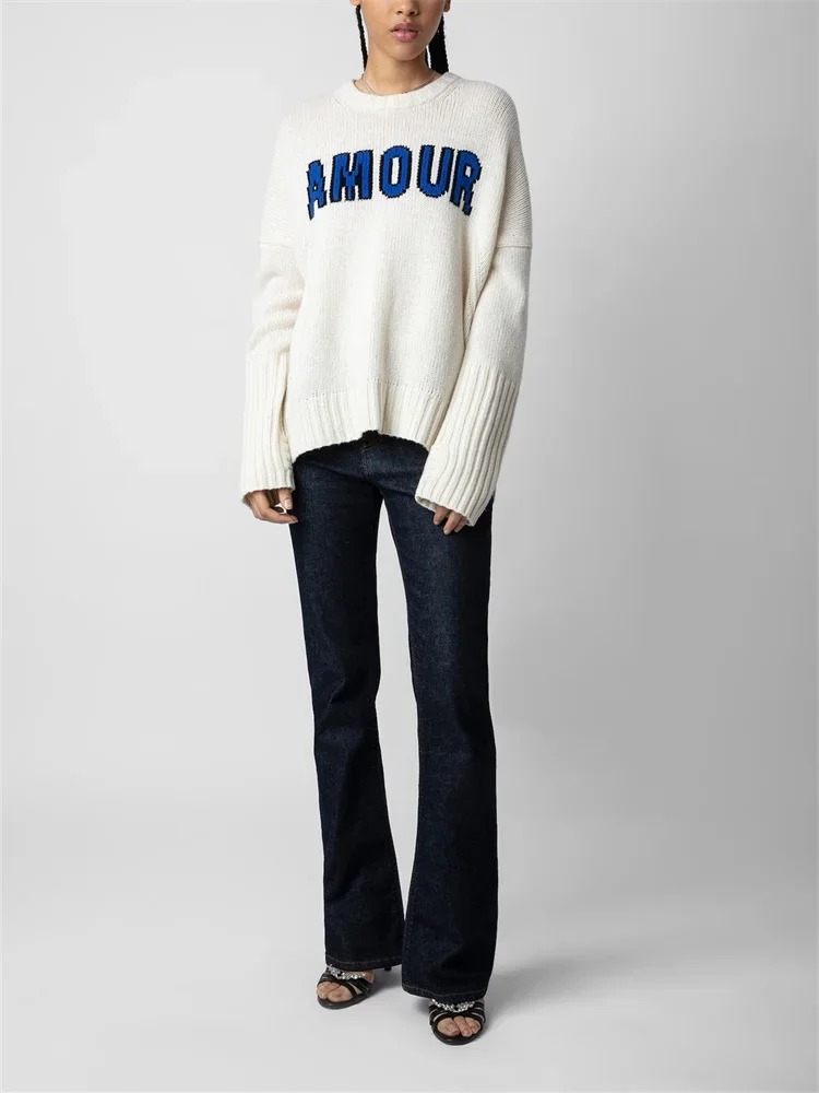 

Women Sweater O-neck All-match Letter Print Fall Winter Casual Loose Cashmere Jumper