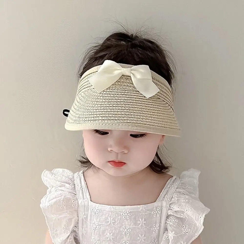 Adjustable Korean Baby Straw Caps Anti-UV Empty Top Bow Straw Hat Wide Brim Sun Protection Visor Cap Beach