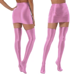 Sexy Womens Glossy High Waist Mini Skirt with Thigh High 1 Pair Stockings Nightclub Rave Outfit Clubwear Ladies Clothing