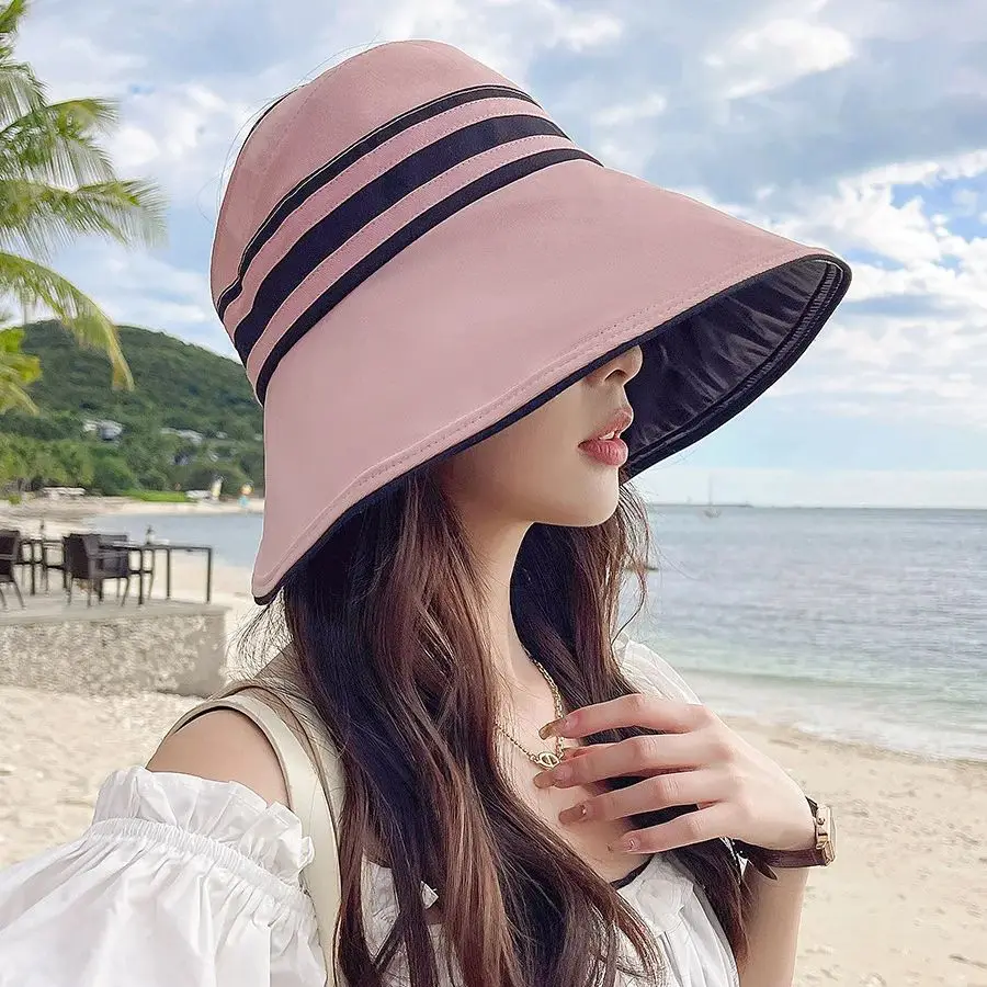 UPF50 + Sun Protection Vinyl Large Brim Striped Hollow Hat Ladies Outdoor UV Folding Sun Hat Beach Vacation