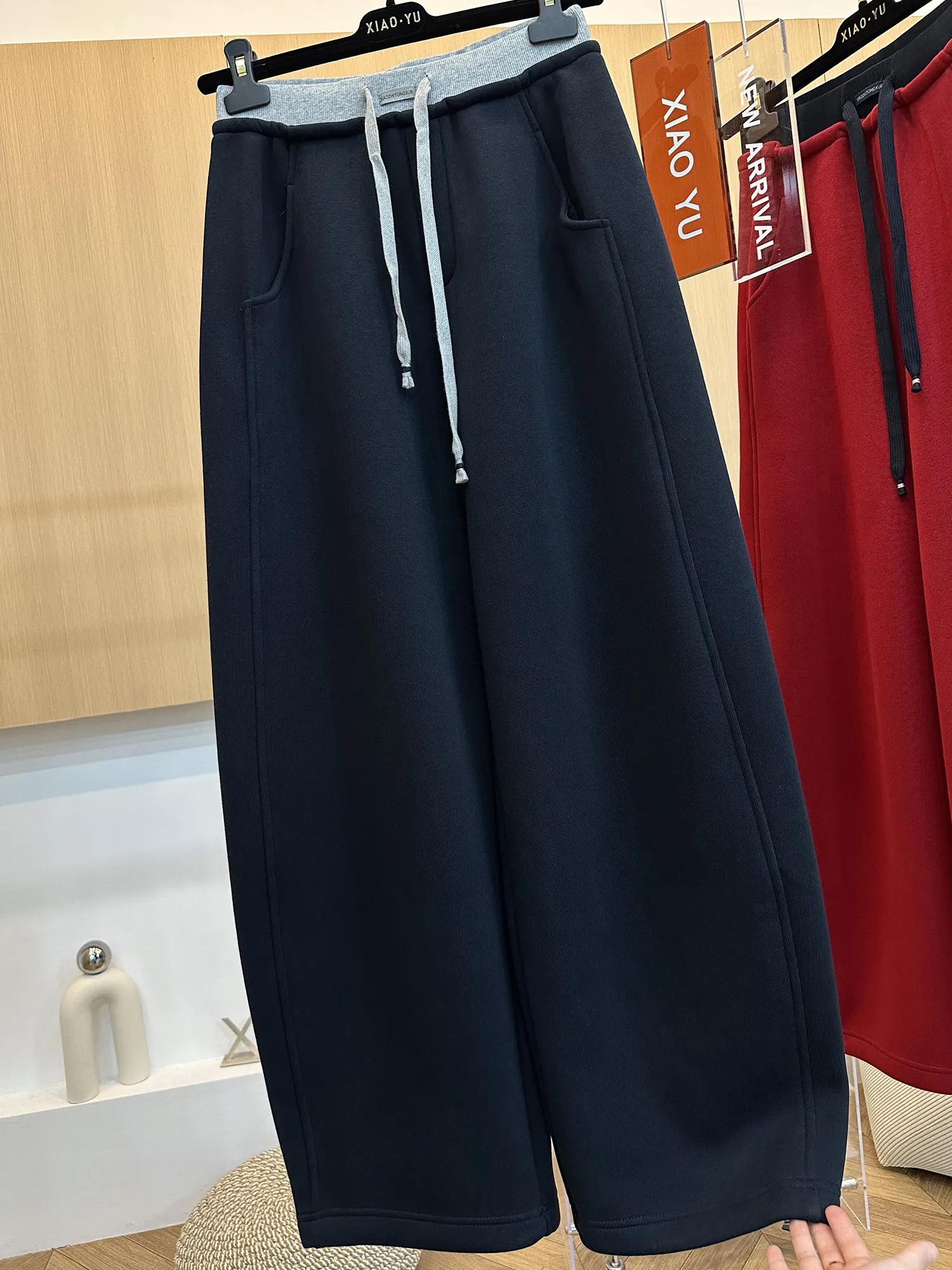 بنطلون نسائي واسع الساق بخصر مرتفع ورباط، تصميم مرقع مع حافة منحنية، مناسب للربيع والخريف، بنطلون رياضي كاجوال