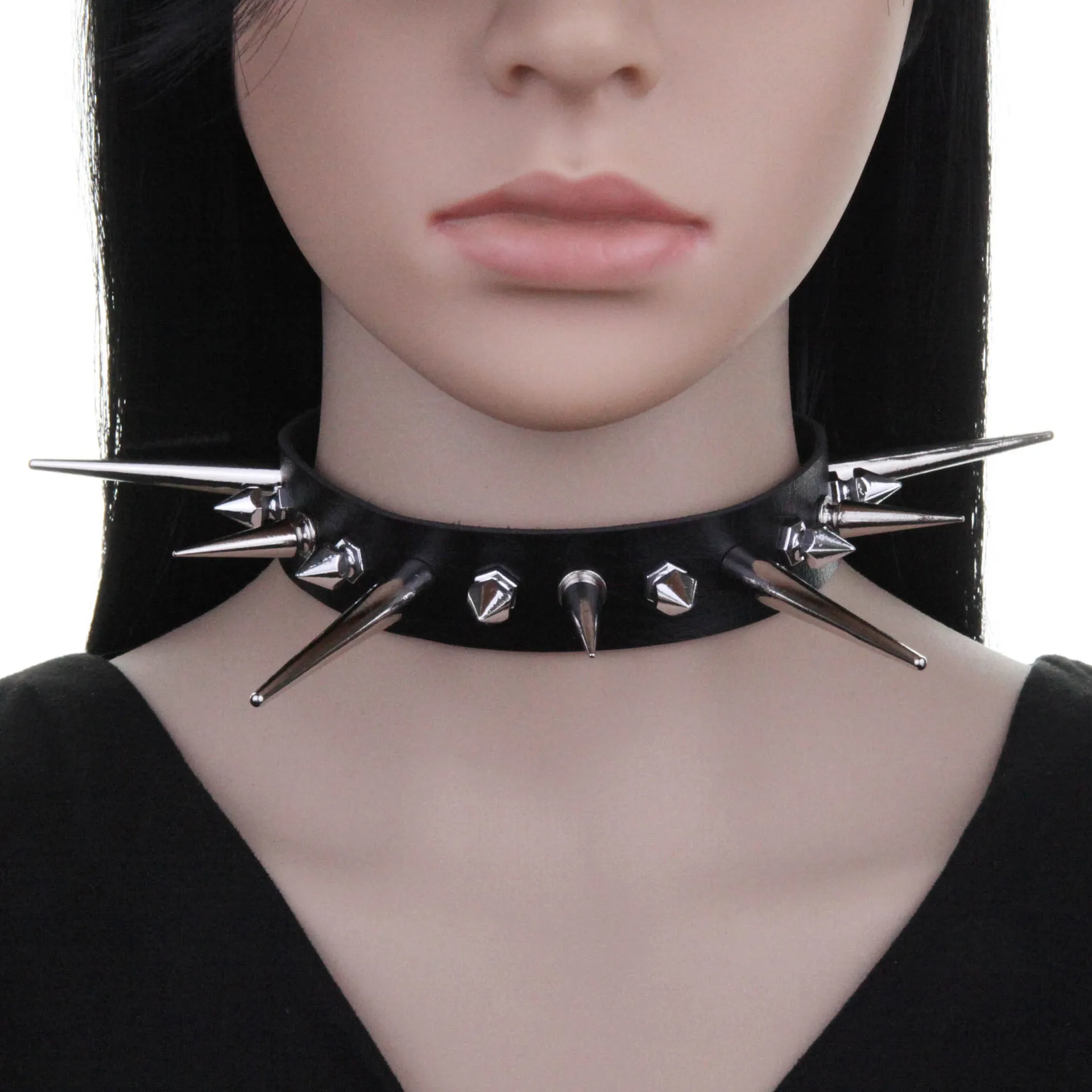 Goth Long Spike Choker Punk Faux Leather Collar For Women Men
