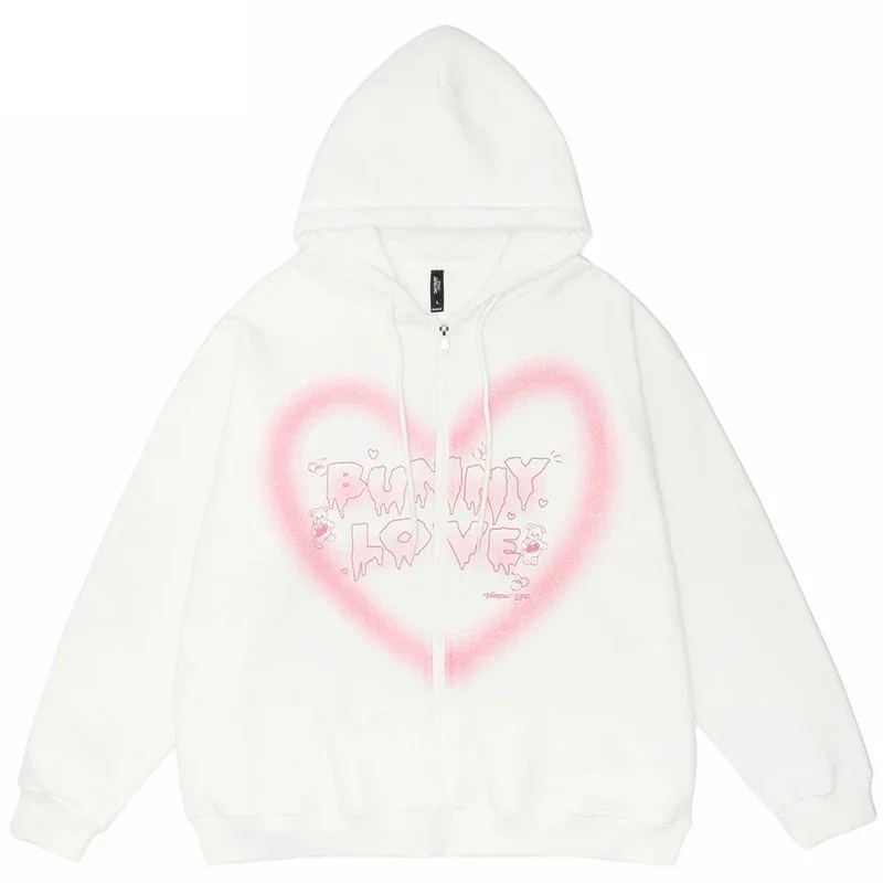Y2k 2024 Women Zip-up Hoodie Hip Hop Streetwear Graffiti Print Heart Letter Bear Print Sweatshirt Autumn Harajuku Punk E-girl
