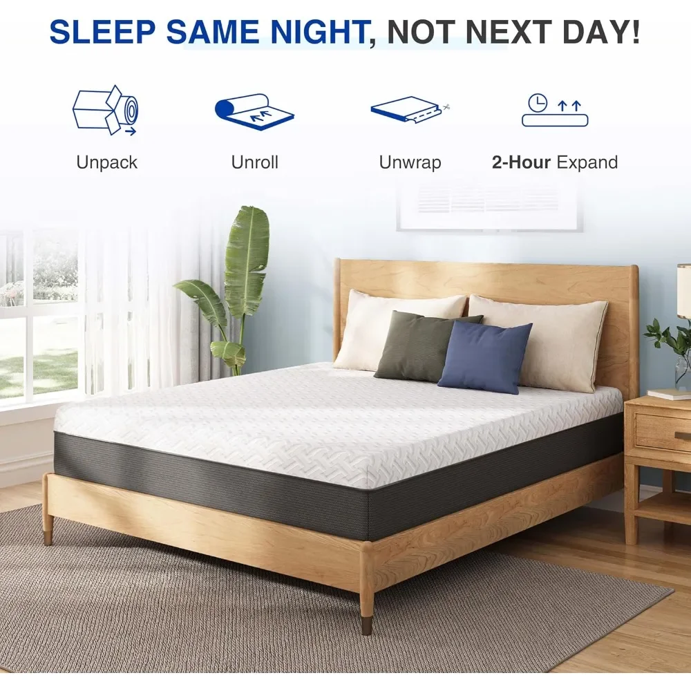 NEW-12 Inch Queen Green Tea Memory Foam Mattress for Cool Sleep & Pressure Relief, Bed in a Box, Removable Cover No Fiberglass,