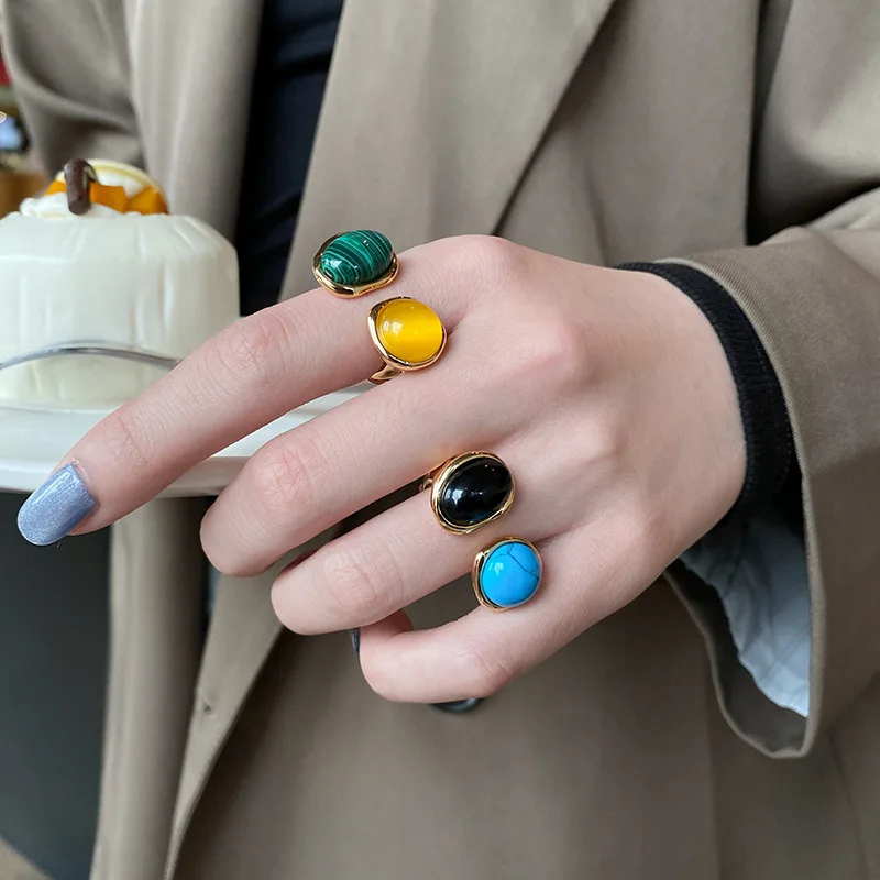 

PANJBJ 925 Sterling Silve Malachite Cat Eye Vintage Ring for Women Girl Gift Design Simple Creativity Jewelry Dropshipping