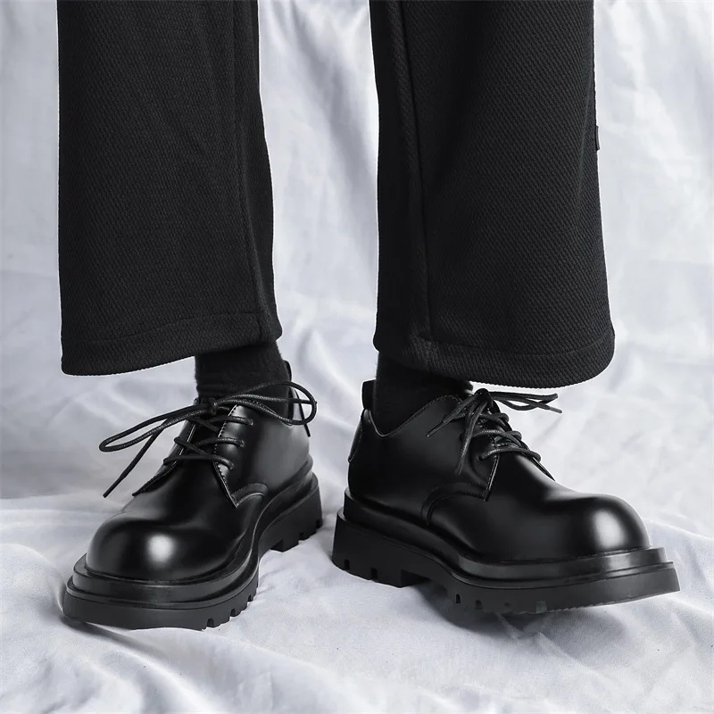 Leather Men's Casual Commuter Business Dress Spring New Carbon Black Thick Sole Heightening Niche Derby Shoes