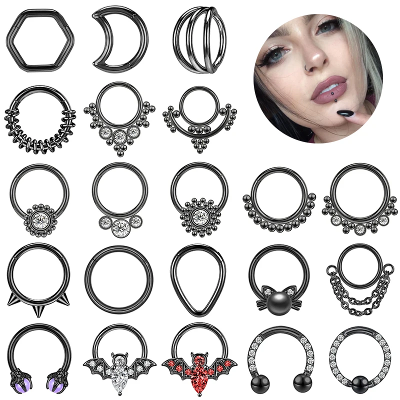 

AOEDEJ 16G Punk Black Septum Ring Stainless Steel Cartilage Ear Piercing Crystal Cat Pearl Nose Ring Daith Hoop Earring Women