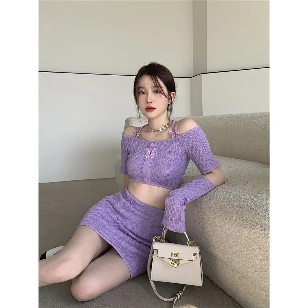 Purple Y2k Skirt Suits Women New Butterfly Halterneck Cropped Tops Sleeve + Skirt Two Piece Sets Woman Summer New