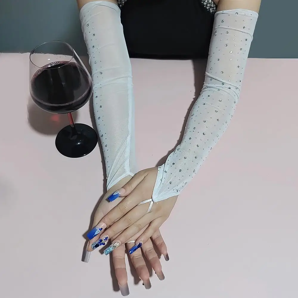 50CM Women Flash Diamond Mesh Hook Finger Gloves Fashion Electronic Music Festival Black Sexy Gloves Cosplay Stage Performance