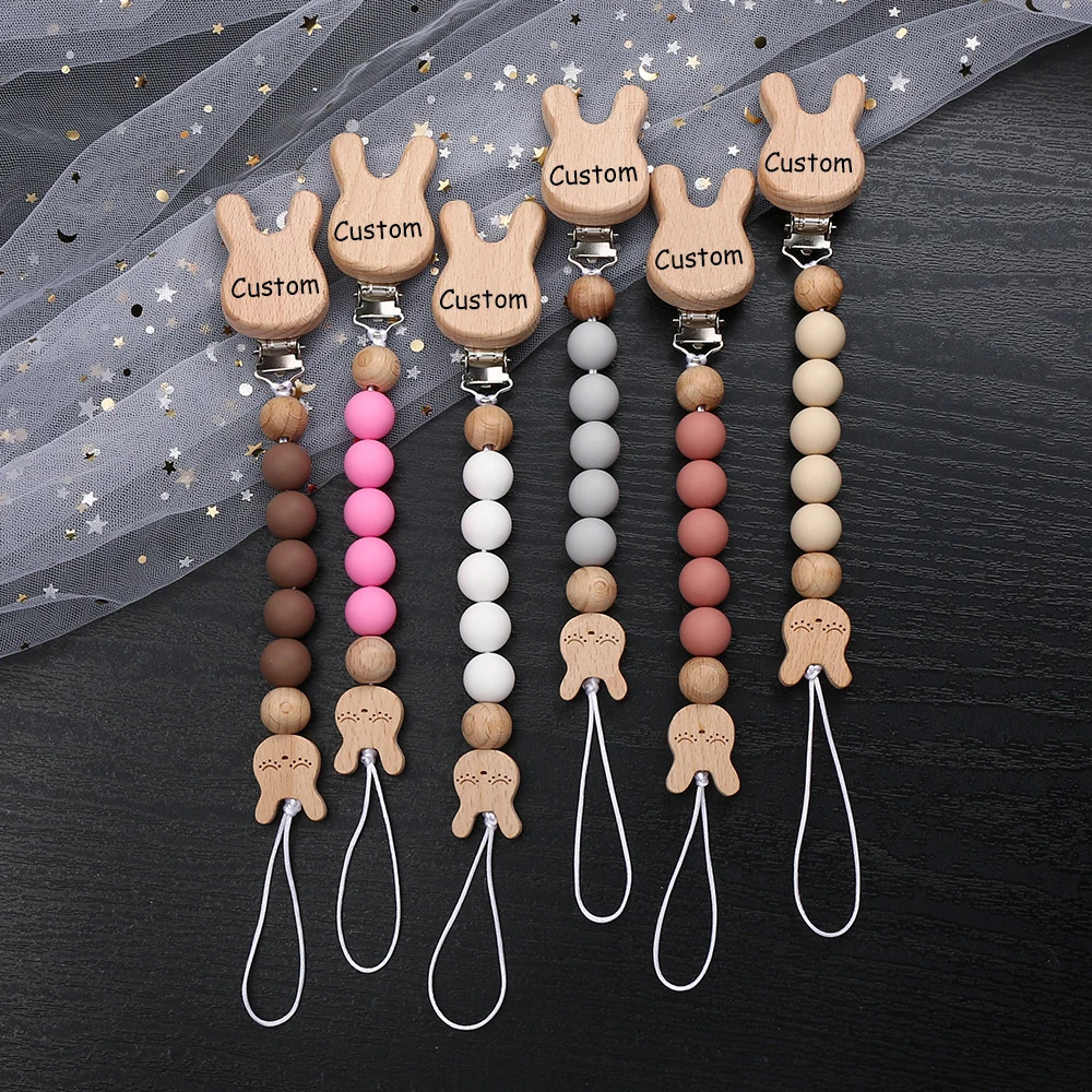 Custom Name Wooden Pacifier Clips Silicone Bead Personalized Dummy Nipple Holder Guard Baby Teether Pendant Gift 1