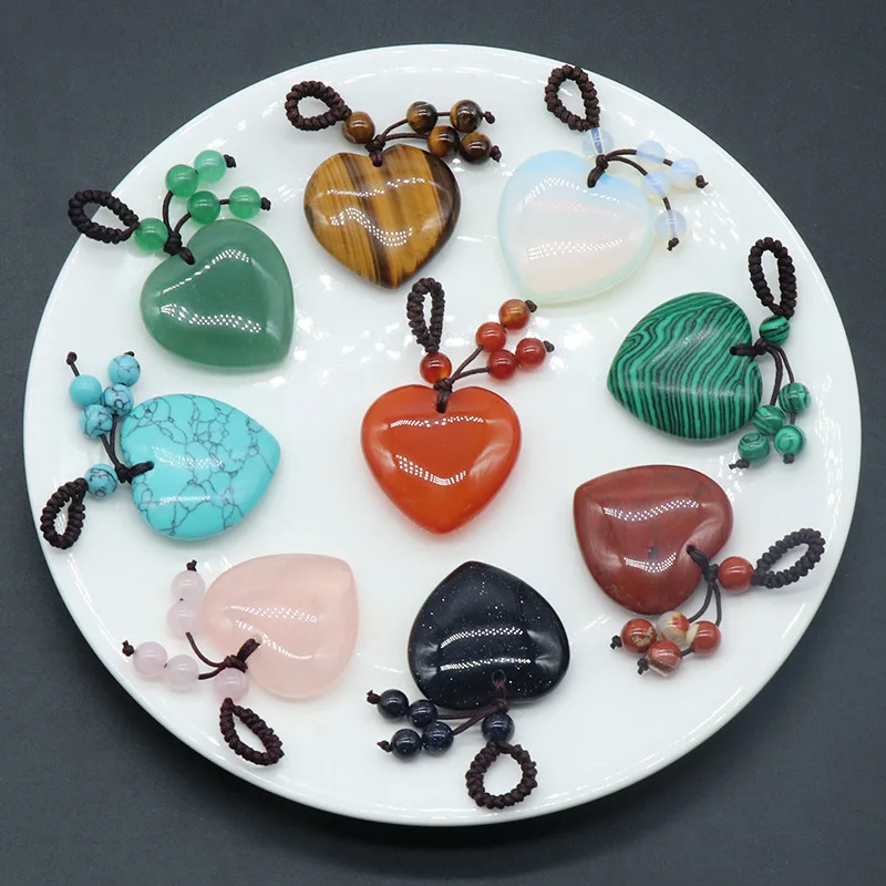 

Natural Stone 30mm Love Woven Pendant Rose Quartz Tiger's Eye Agate Opal Heart-shaped Key Ring DIY Necklace Accessories