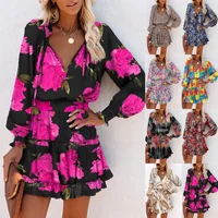 Fashionable Long Sleeve V-Neck Printed Waist-Cinched Dress Women's Cross-Border Mini Dress Elegant Slimming Design