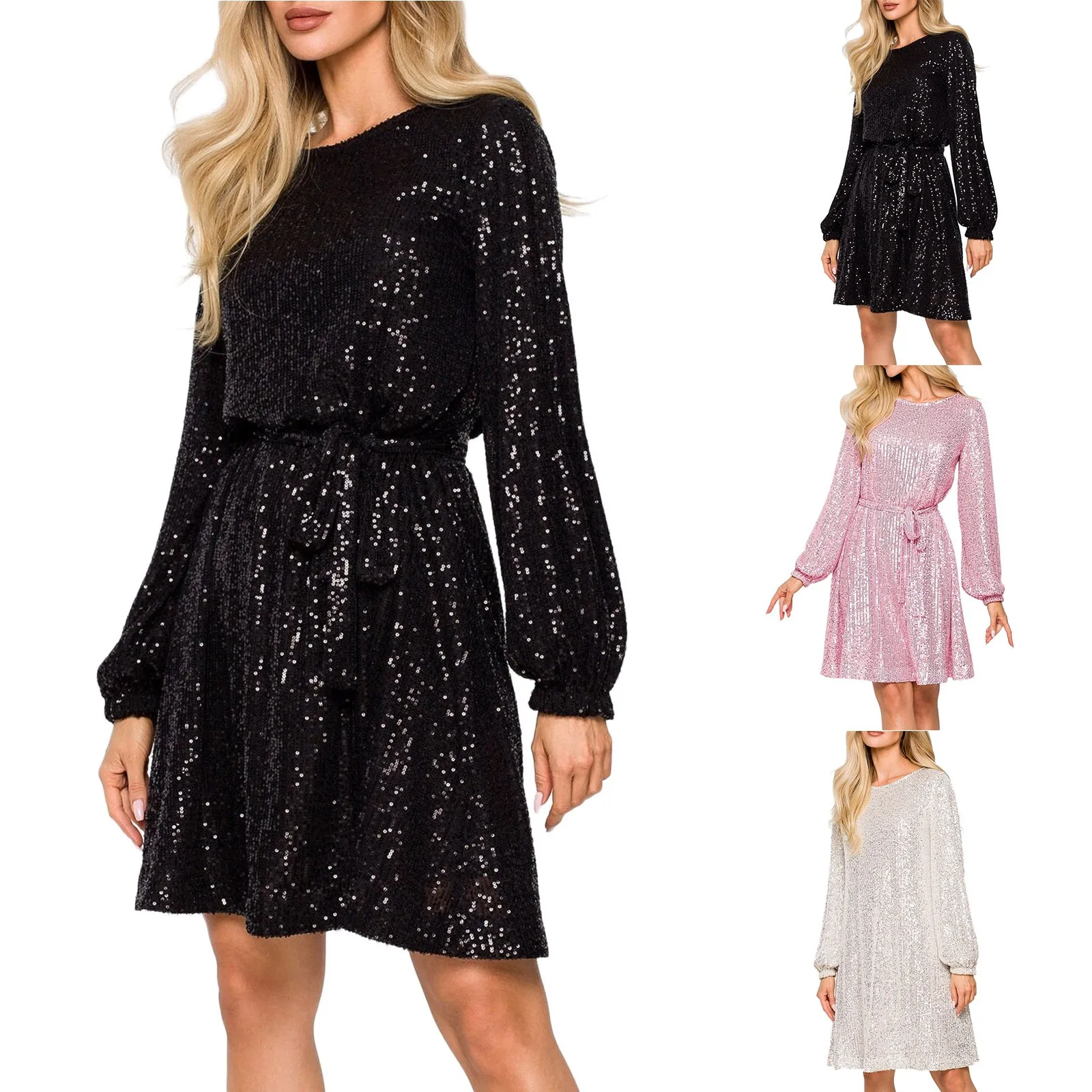 

Sequin Dress For Women Long Sleeve Crewneck Sparkly Glitter Mini Dress Elegant Wedding Cocktail Party Dress