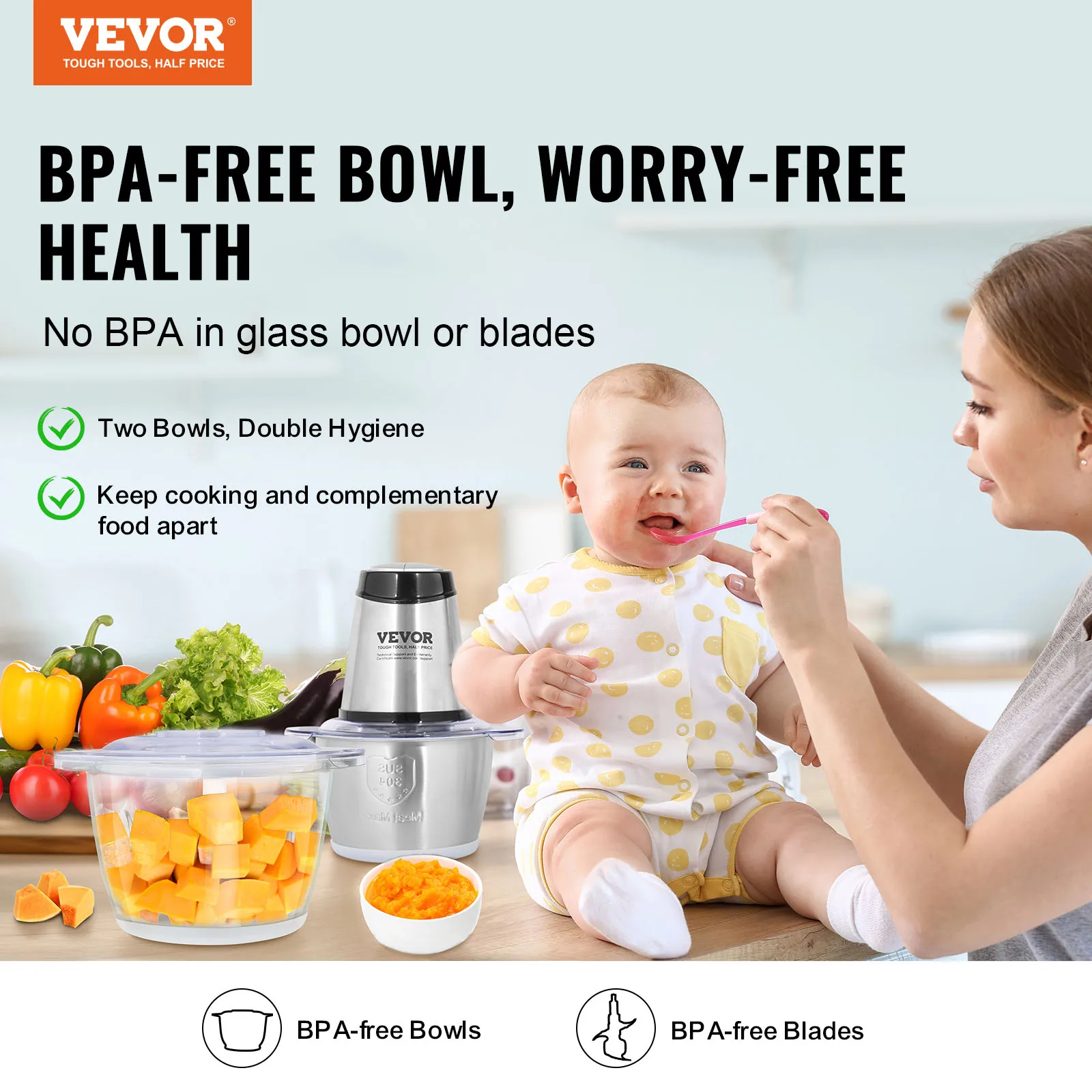 VEVOR Food Processor Electric Meat Grinder with 4Wing Stainless Steel Blades 8+5 Cup 2 Bowls 400W Electric Food Chopper 2 Speeds 2