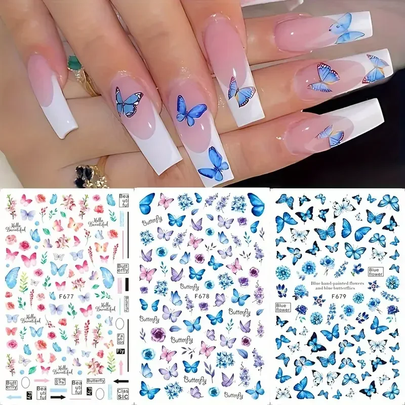 1PCS 검은 흰색 나비 레이저 네일 스티커 Y2K 네일 아트 장식 추상 라인 브론 징 꽃 스티커 손톱