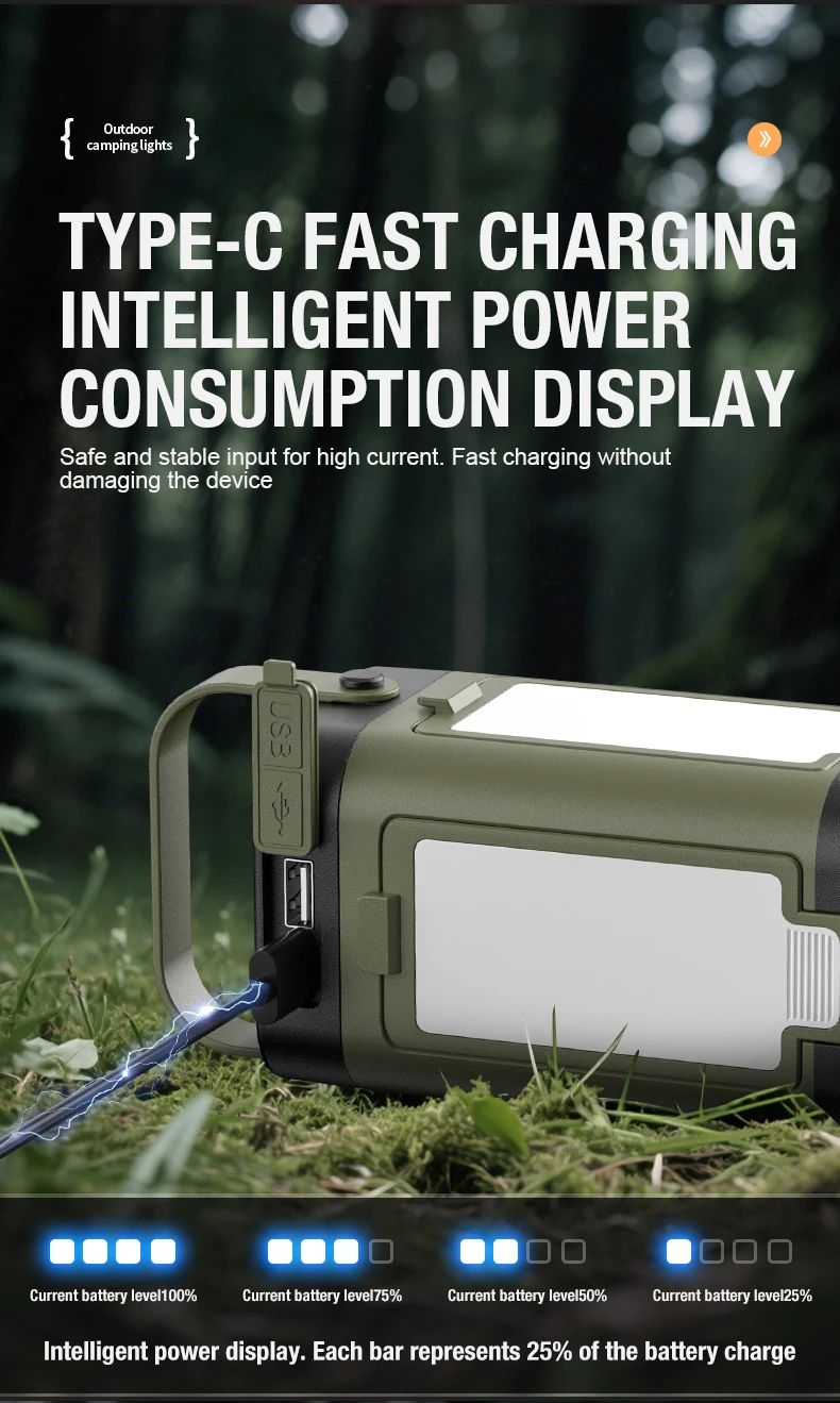 Lámpara de camping multifuncional con modo de carga dual solar tipo C Diseño de fuente de luz expandible para múltiples