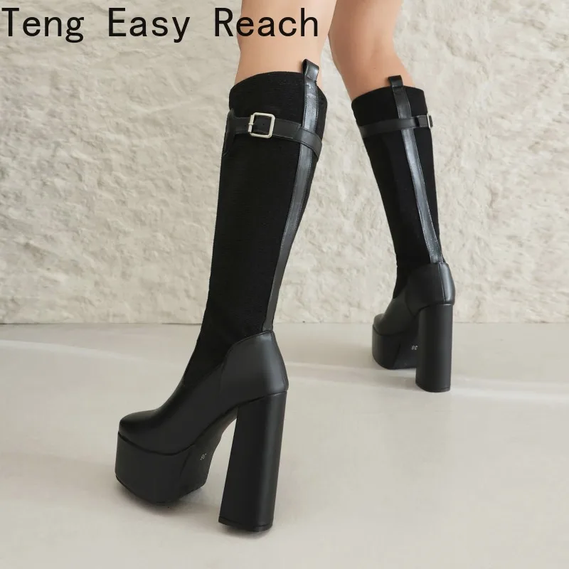 Women Chunky Platform Over The Knee Boots Ladies Autumn Winter High Heels Pu Leather Long Boots Woman Fashion Motorcycle Botas