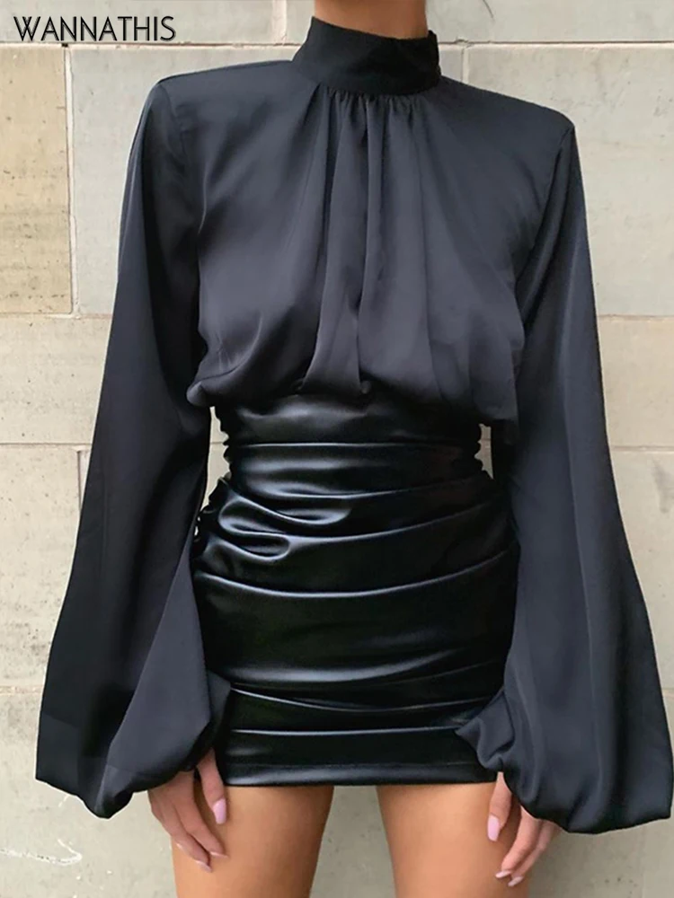 WannaThis Black Lantern Sleeve Hight Neck Satin Blouse Women Slim Solid Ruched Cropped Elastic Fashion Spring Elegant Ladies Top ladies elegant two piece set 2023 autumn casual new round neck lantern sleeve ruched top