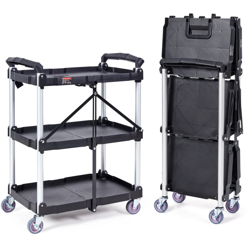 

3-Tier Foldable Utility Service Cart 165lbs With Swivel Lockable Wheels