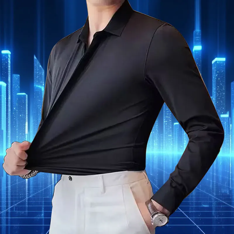 Autumn/Winter Spandex high-stretch formal Business men's long-sleeved shirt Solid color striped no-iron silky social casual